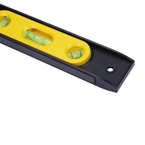 Close-up of compact 9 inch torpedo level with magnetic base for fast, accurate layout checks; includes three 360 degree vials.