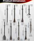 9-Piece Air Hammer Chisel Bit Set With 0.401 Inch Shank Pneumatic Chisel Bits For Masonry Tile Concrete And Rust Removal Includes Varied Shapes For Heavy Duty Demolition For Pros And DIYers Compatible With Most Air Hammers shown with dimensions.
