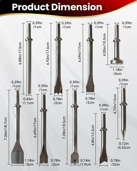 9-Piece Air Hammer Chisel Bit Set With 0.401 Inch Shank Pneumatic Chisel Bits For Masonry Tile Concrete And Rust Removal Includes Varied Shapes For Heavy Duty Demolition For Pros And DIYers Compatible With Most Air Hammers shown with dimensions.