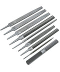 9-Piece maintenance file set for 6, 8, and 10 inch files includes smooth, bastard, and mill cuts for deburring, shaping, and finishing metalwork