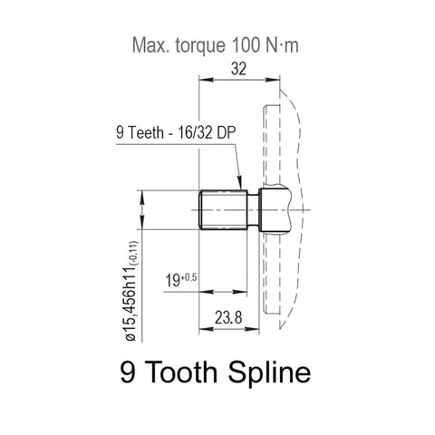 Technical drawing of 9 tooth spline for Magister Hydraulic Gear Pump 9 Tooth Spline Shaft 1.37 CID, 11.86 GPM, CW Rotation.
