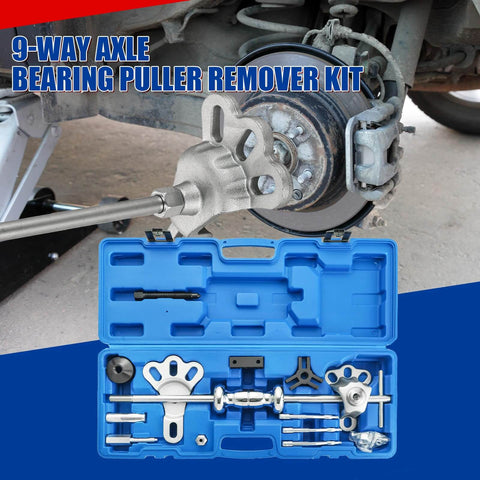 Heavy Duty Slide Hammer Puller Set With 9 Way Axle Bearing Remover Kit in blue case, attached to vehicle hub.