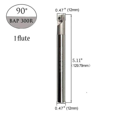Beefy 90 Degrees BAP 300R Square Shoulder End Milling Arbor Kit With APMT1135 Coated Carbide Inserts For Finishing And Semi Finishing Of Steel Stainless Steel Iron And Cast Iron 0.47 In By 0.47 In By 5.11 In Arbor Balzers Coated Inserts LAHDYFHOE front view, showing single flute design and size measurements.