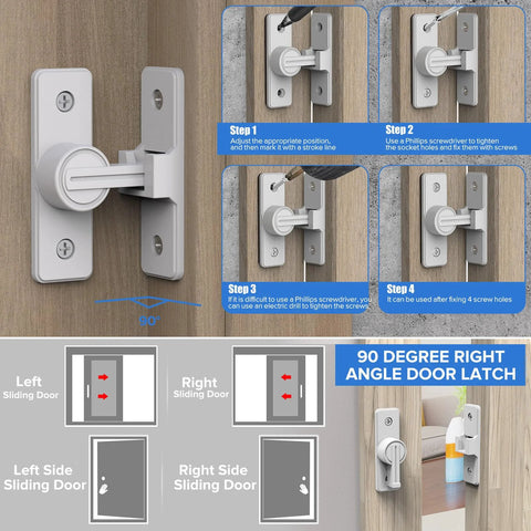 90 Degree Flip Barn Door Lock Heavy Duty Sliding Gate Latch For Garden Bathroom Garage And Sliding Doors White 1 Pack Durable Zinc Alloy Construction With Easy Installation And Corrosion Resistant Finish, shown with installation guide.