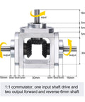 Diagram of 90 Degree Bevel Gearbox 1to1 Reversing Dual Outputs Aluminum Frame 6mm Shaft, showing input and output dimensions.