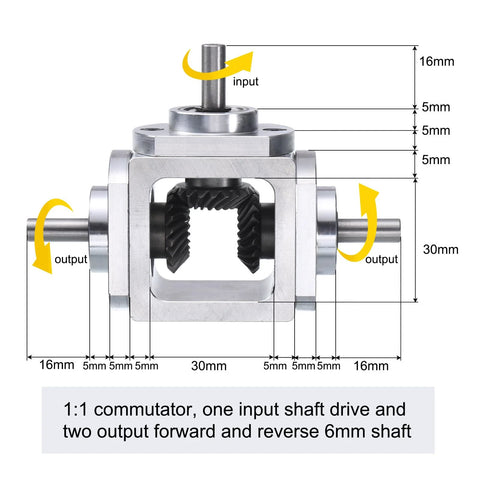 Diagram of 90 Degree Bevel Gearbox 1to1 Reversing Dual Outputs Aluminum Frame 6mm Shaft, showing input and output dimensions.