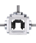 90 Degree Bevel Gearbox 1to1 Reversing Dual Outputs Aluminum Frame 6mm Shaft front view, silver aluminum housing