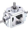 90 Degree Bevel Gearbox 1to1 Reversing Dual Outputs Aluminum Frame 6mm Shaft with visible gears and aluminum construction