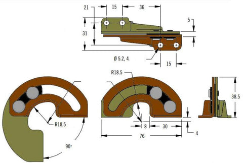 Technical drawing of a Two Piece Hidden 90 Degree Carbon Steel Sliding Limit Hinge for internal wood doors and furniture installation.