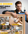 Man using Pro Grade 90 Degree Corner Clamp Set CNC Aluminum Right Angle Clamp 140mm for DIY cabinet box frame assembly.