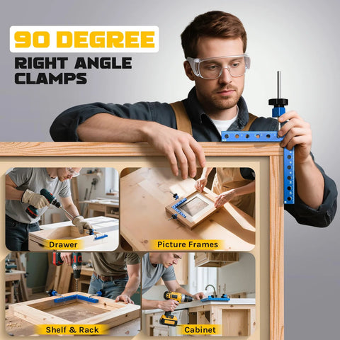 Man using Pro Grade 90 Degree Corner Clamp Set CNC Aluminum Right Angle Clamp 140mm for DIY cabinet box frame assembly.