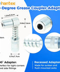 90 degree grease coupler adapter with measurements for tight and recessed fittings