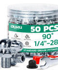 Jar of 50-Pack 1/4 in 90° Zerk grease fittings with wrench and caps, ideal for tight spaces in mechanics' maintenance and DIY projects