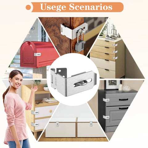 Collage showing 90 Degree Hasp Lock Latch for Desk Drawers and Cabinets, highlighting its use on furniture and security applications