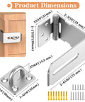 90 Degree Hasp Lock Latch for Desk Drawers and Cabinets, dimensions and installation view, 304 Stainless Steel, Silver Finish