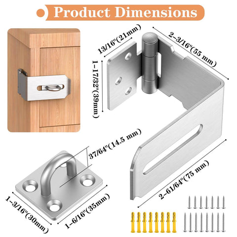 90 Degree Hasp Lock Latch for Desk Drawers and Cabinets, dimensions and installation view, 304 Stainless Steel, Silver Finish