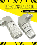 90 Degree Flat Face Hydraulic Quick Connect Coupler Set For Skid Steer With Three Eighths JIC Male Thread And Dust Cap In Heavy Duty Steel
