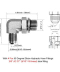 4 pcs 90 degree elbow hydraulic hose fittings with 3/8" JIC 37° (9/16"-18 thread), tube fitting dimensions