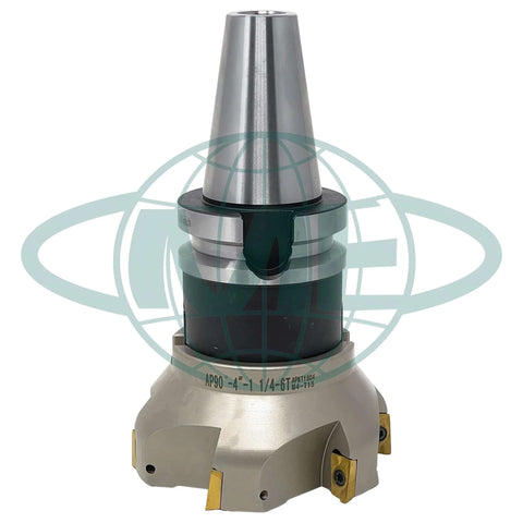 Beefy 4 Inch 90 Degree Indexable Face Mill With BT40 Arbor APKT1604 Inserts Included 6 Flutes Heavy Duty CNC Milling Cutter For Steel Aluminum And More Delivers Fast Clean Pockets And Precise Finishes front view.
