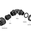 Exploded view of 90 Degree M20 Cable Gland Waterproof IP68 Nylon Joint With Adjustable Locknut, Fits 9mm To 14mm Cable Diameter