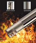 Beefy 90 Degrees BAP 300R Square Shoulder End Milling Arbor Kit With APMT1135 Coated Carbide Inserts against fiery background