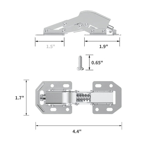 4 Pack 90 Degree Soft Close Surface Mount Spring Hinges with dimensions and screw, frameless concealed kitchen cabinet hardware