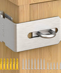 90 Degree Hasp Lock Latch for Desk Drawers and Cabinets, Right Angle Padlock Clasp in 304 Stainless Steel installed on wooden cabinet with screws