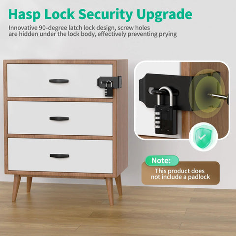 90 Degree Heavy Duty 304 Stainless Steel Padlock Hasp Lock installed on a wooden file cabinet, showing secure right-angle design