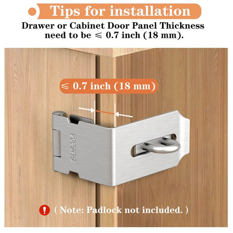 90 Degree Hasp Lock Latch for Desk Drawers and Cabinets, Right Angle Padlock Clasp in 304 Stainless Steel, installed view on cabinet