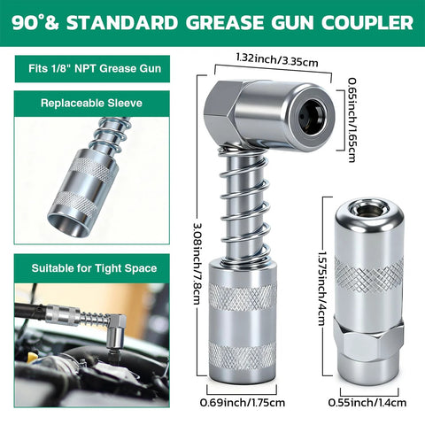 90° and standard grease gun coupler specifications from Must-Have All-In-One Grease Fittings Assortment Kit With DIY Tool Storage Box