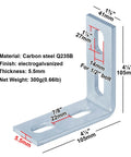 Ten Pack 90 Degree Strut Channel Fittings For One And Five Eighths Inch Systems, L Shaped Angle Brackets With Four Slot Holes, Seven Thirty Two Inches Thick, Carbon Steel Electro Galvanized Finish In Silver, front view showing dimensions and material details.