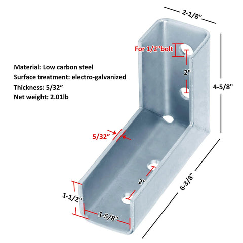 Two Pack 90 Degree Bend Strut Fittings For One And Five Eighth Inch Strut Channel Wrap Angle Splice Brackets Five Thirty Second Inch Thick Electro Galvanized Carbon Steel Silver Finish, showing front and side view with measurement labels.