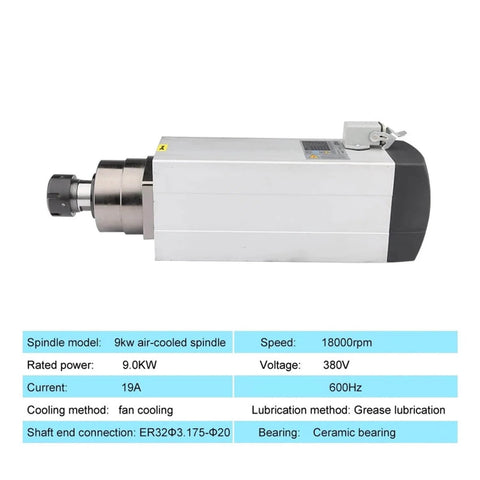 Beefy 9.0 Kw Air Cooled CNC Spindle Motor With ER32 Chuck 18000 RPM Square Mount 4 Bearings displayed with technical specs label