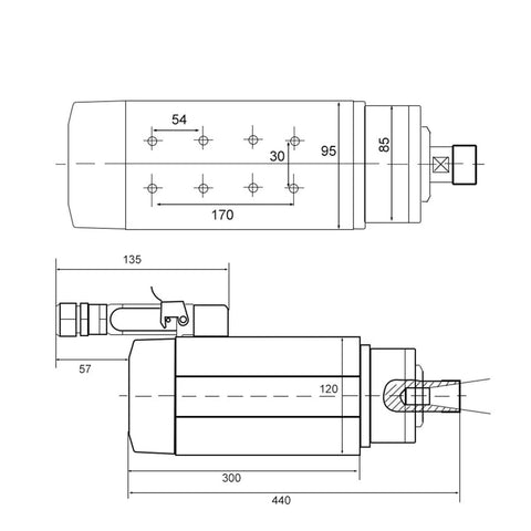 Technical diagram of Beefy 9.0 Kw Air Cooled CNC Spindle Motor With ER32 Chuck 18000 RPM Square Mount 4 Bearings Low Noise And Stable Performance