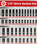 1/4" Drive Impact Socket Set 90 Piece with Metric and SAE sizes, showcasing deep and shallow sockets, labeled sizes visible