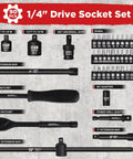 1/4" Drive Impact Socket Set 90 Piece, Metric Socket (4-15mm) and Standard SAE Size (5/32-9/16 inch) with 72-Teeth Ratchet layout