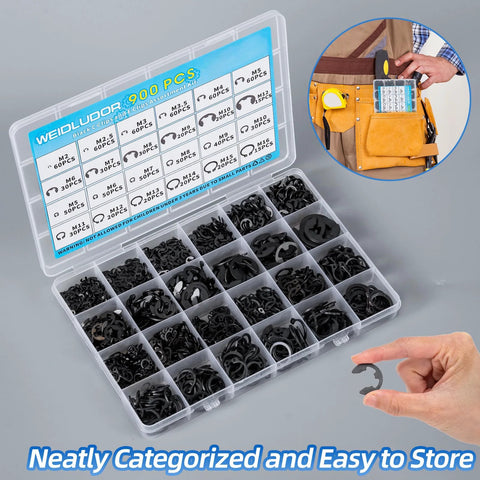900 Piece Carbon Steel Retaining Rings Set With 24 Size C Clips And E Clips Assortment Kit in organizer case, hand reaching in.