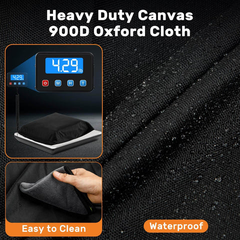 Heavy Duty 900D Pallet Cover For 49 By 41 By 49 Inches Waterproof Tarp with digital weight display and close-up texture view.