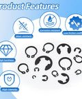 Product features of 900 Piece Carbon Steel Retaining Rings Set With 24 Size C Clips And E Clips Assortment Kit for repairs and maintenance.