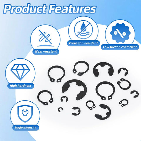 Product features of 900 Piece Carbon Steel Retaining Rings Set With 24 Size C Clips And E Clips Assortment Kit for repairs and maintenance.