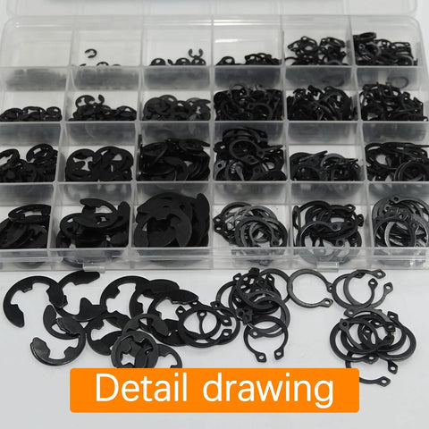 Detail view of 900 Pcs C Clips And E Clips Assortment Kit With 24 Sizes External Retaining Rings in black carbon steel
