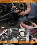 Hands holding a retaining ring in a workshop setting, with machinery parts; ideal for automotive and industrial use. 900 Pcs C Clips And E Clips Assortment Kit With 24 Sizes External Retaining Rings Snap Rings Set In Black Carbon Steel For Automotive Machinery Home DIY Projects And Industrial Use Garage Ready Pro Grade Heavy Duty Durable.
