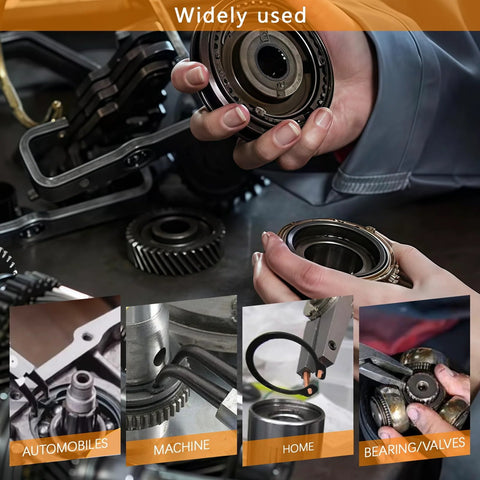 Hands holding a retaining ring in a workshop setting, with machinery parts; ideal for automotive and industrial use. 900 Pcs C Clips And E Clips Assortment Kit With 24 Sizes External Retaining Rings Snap Rings Set In Black Carbon Steel For Automotive Machinery Home DIY Projects And Industrial Use Garage Ready Pro Grade Heavy Duty Durable.