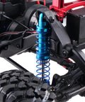 Oil adjustable RC shock absorber set with dual-stage springs delivers smooth damping for 1/10 crawlers, reduces chassis vibration, and upgrades handling; durable metal build and easy installation for Axial SCX10 TRX4 D90 90mm shown installed on RC vehicle