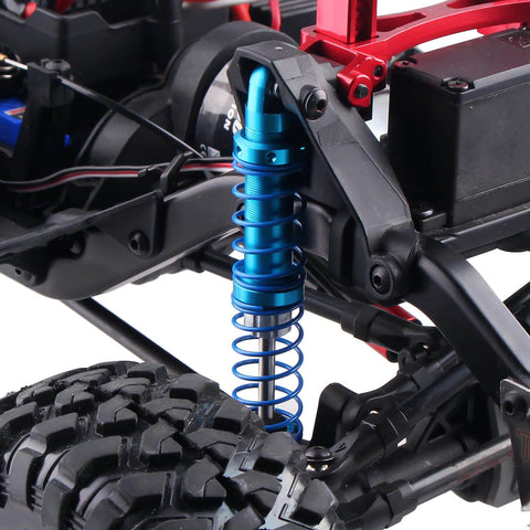 Oil adjustable RC shock absorber set with dual-stage springs delivers smooth damping for 1/10 crawlers, reduces chassis vibration, and upgrades handling; durable metal build and easy installation for Axial SCX10 TRX4 D90 90mm shown installed on RC vehicle