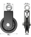 90mm Pulley Wheel for Cable Machines Silent Bearing Home Gym Equipment Pull Down Attachment Weight Lifting Pulley Traction, showing front and side views with dimensions.