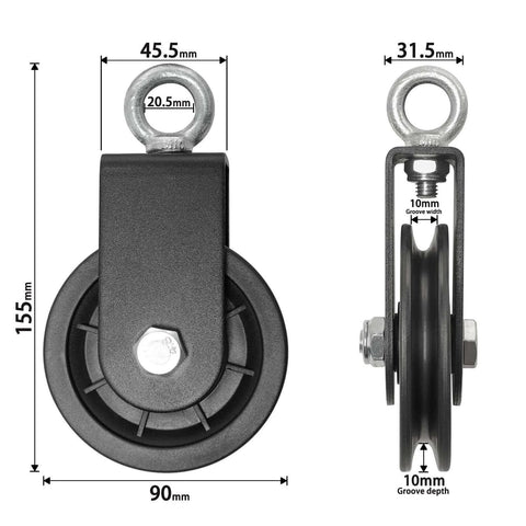 90mm Pulley Wheel for Cable Machines Silent Bearing Home Gym Equipment Pull Down Attachment Weight Lifting Pulley Traction, showing front and side views with dimensions.