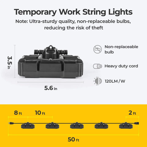 Ultra Bright 90W LED Work Light String, 10800LM, ETL Listed, 3 Prong, Linkable Waterproof Lighting with measurements shown