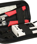 Pro Grade 4 Piece Network Tool Set with Rj45 8P8c Crimper Diagonal Pliers Lsa Punch Down Tool and Cable Tester in storage case.