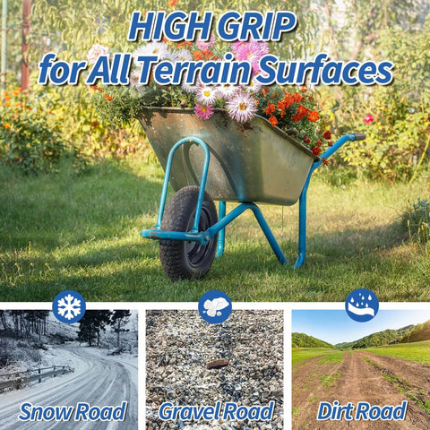 14.5 Inch Wheelbarrow Tire And Wheel With 5/8 Inch Axle Bore, Flat Free Solid Tire For 4.80/4.00-8, 3.50-8, And 4.00-6 Inches shown on a wheelbarrow.
